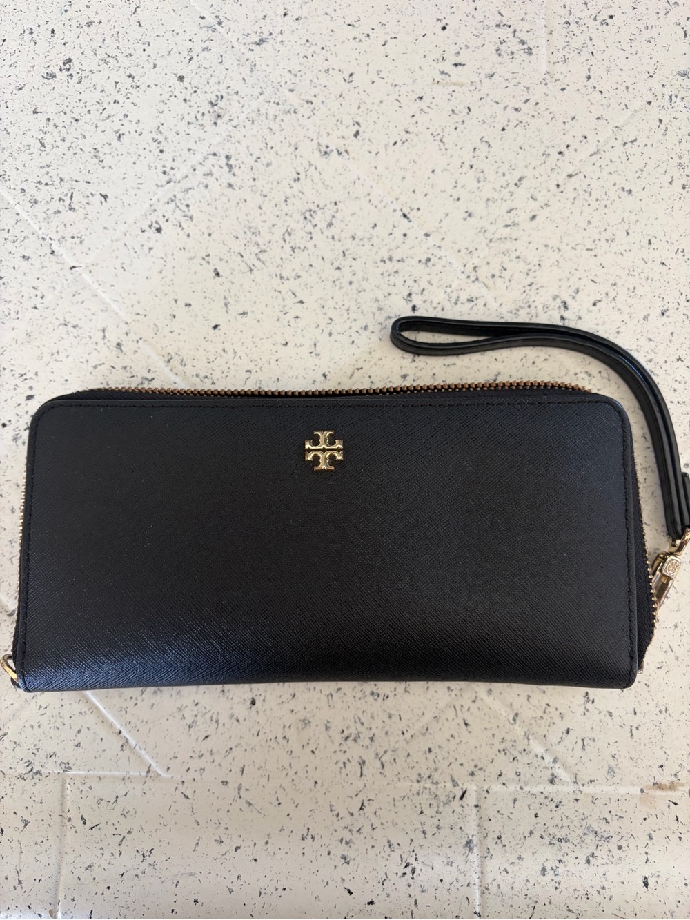 Tory Burch Black Saffiano Zip Wristlet with Gold Logo
